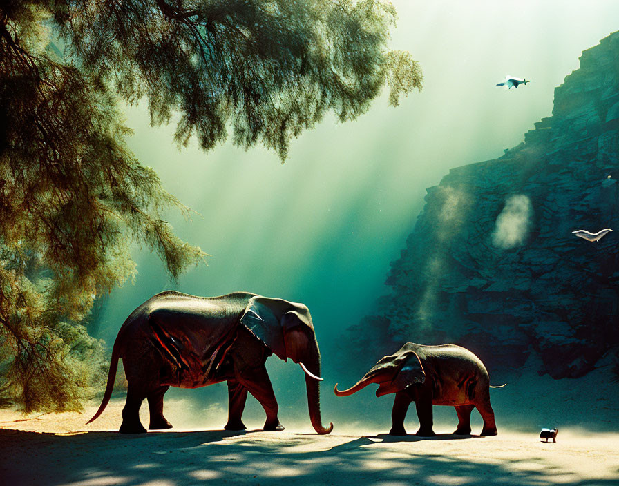 Elephants under tree with light rays, cliff, and flying birds