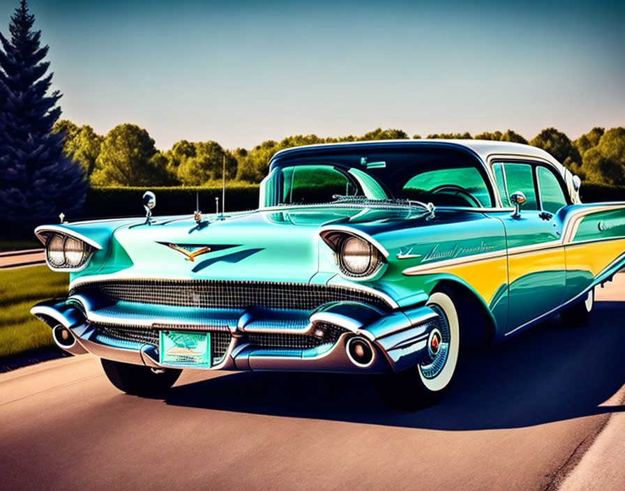 Vintage Turquoise and White Car with Tailfins: Classic 1950s Design