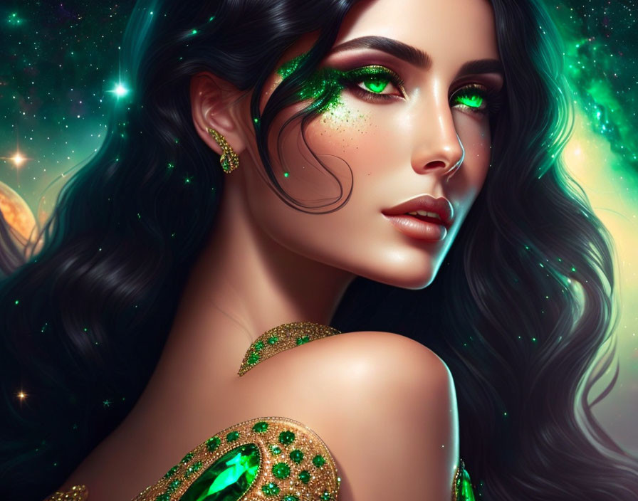 Portrait of woman with emerald green eyes and mystical aura