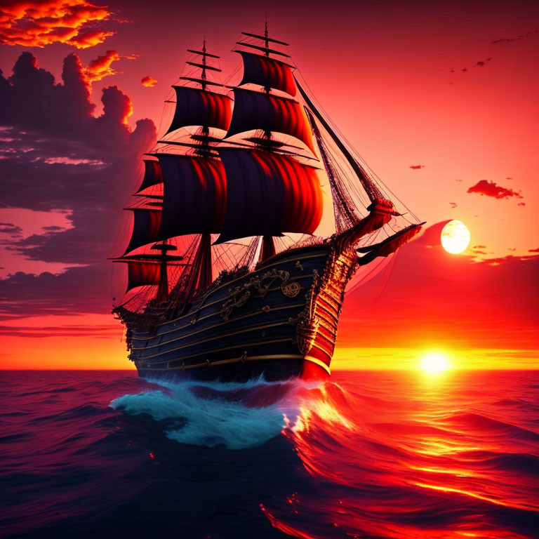 Majestic sailing ship with black sails on red and orange ocean at sunset