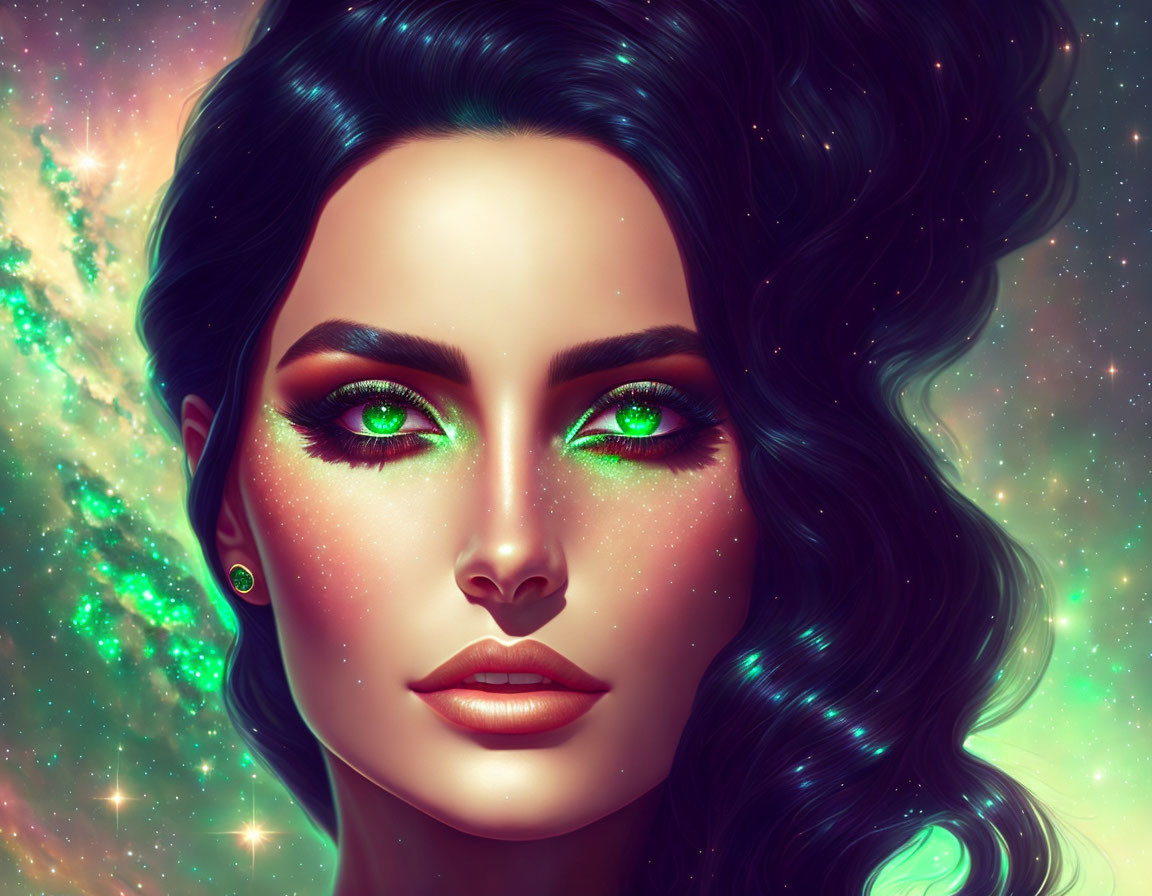 Ethereal woman with green eyes in cosmic portrait