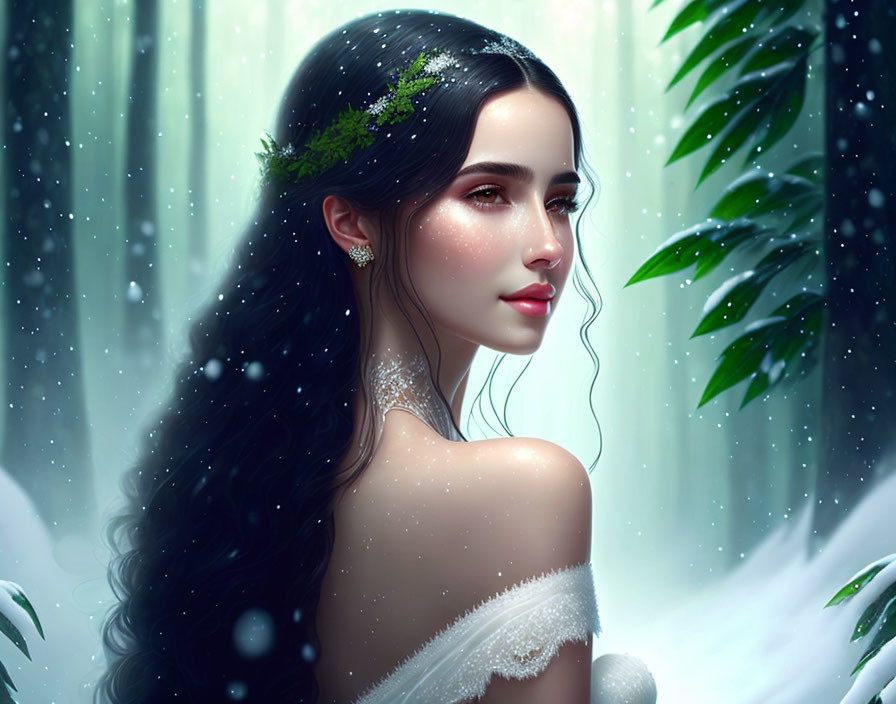 Dark-haired woman with green foliage in snowy forest setting