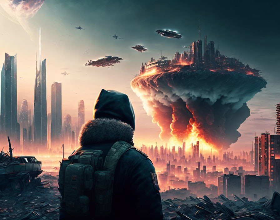 Hooded figure gazes at dystopian cityscape with floating city and futuristic elements