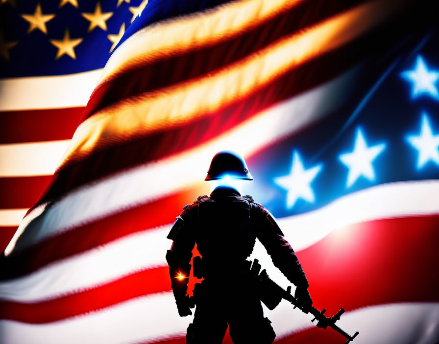 Silhouetted soldier with rifle against American flag background