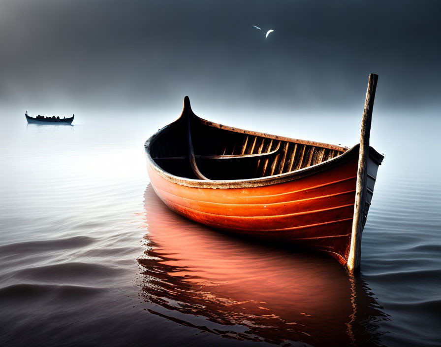 Orange Boat Anchored in Tranquil Waters Under Moody Sky