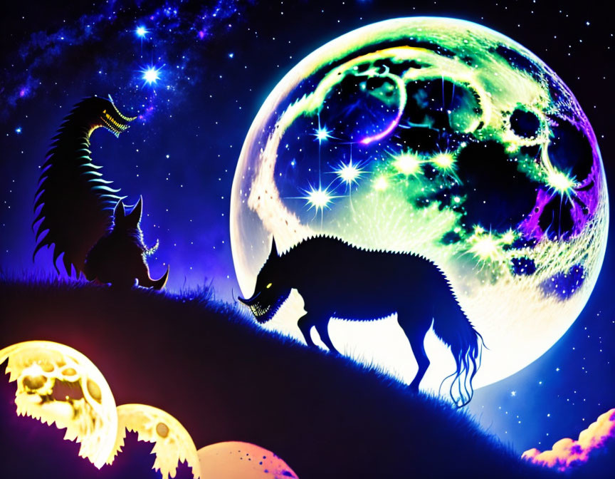 Colorful digital artwork: silhouetted creatures, green moon, stars, nebulae