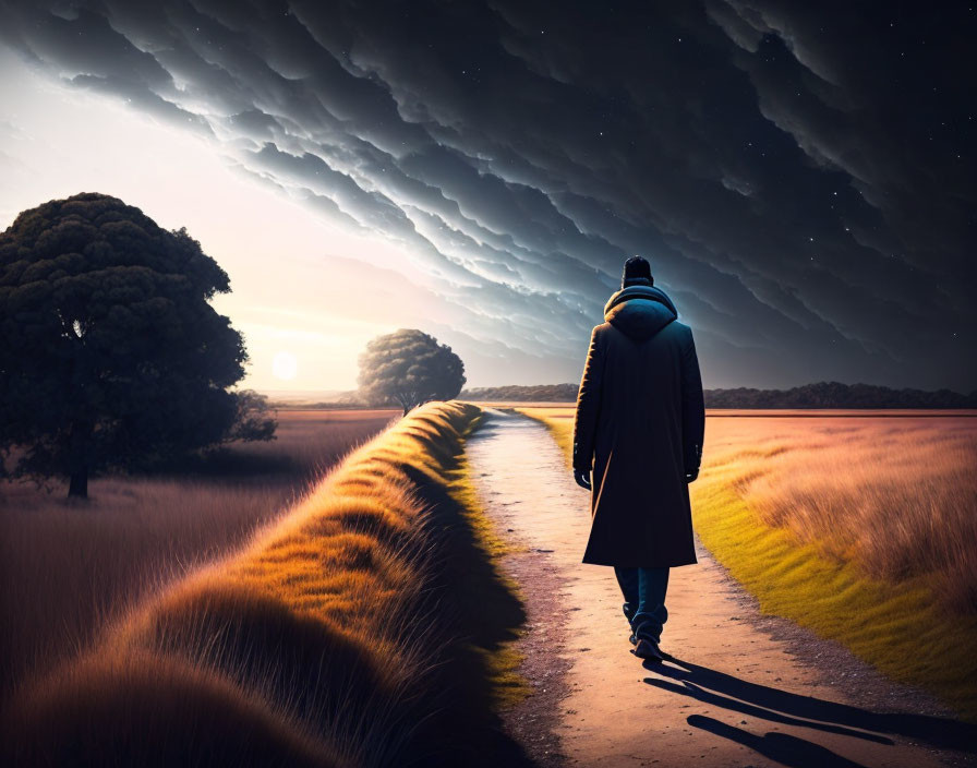 Person Walking on Path Through Field Toward Sunset with Dramatic Cloud Formations