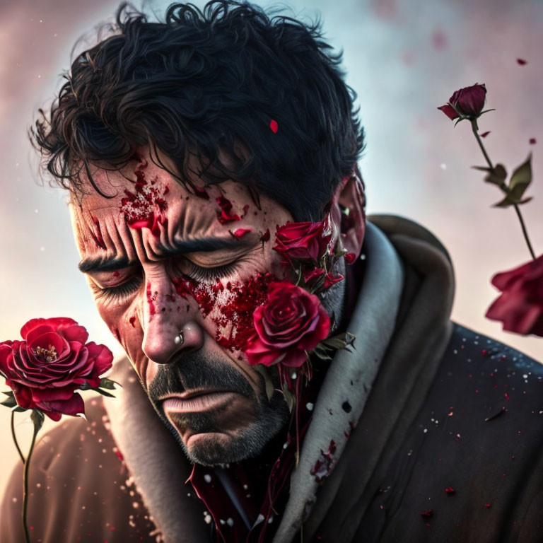 Man with somber expression and shattered face revealing red roses symbolizing suffering and beauty.