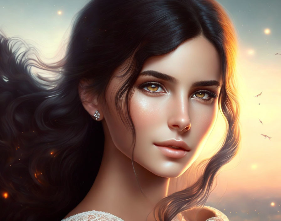 Digital artwork: Woman with dark hair, golden eyes, radiant skin, warm backdrop, flying birds