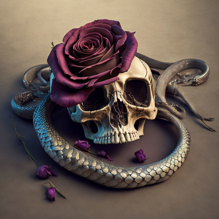 Human skull with dark purple rose, snake, and scattered flowers on surface