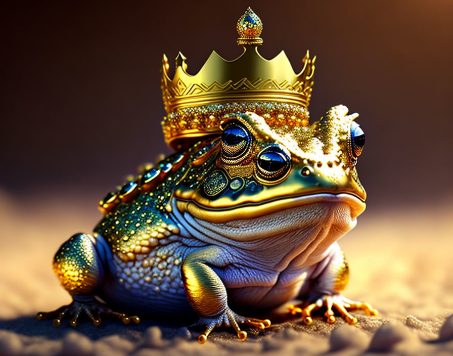 Colorful Frog Wearing Golden Crown on Warm Background