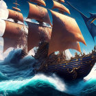 Majestic ship with billowing sails on turbulent ocean waves.