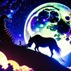 Colorful digital artwork: silhouetted creatures, green moon, stars, nebulae