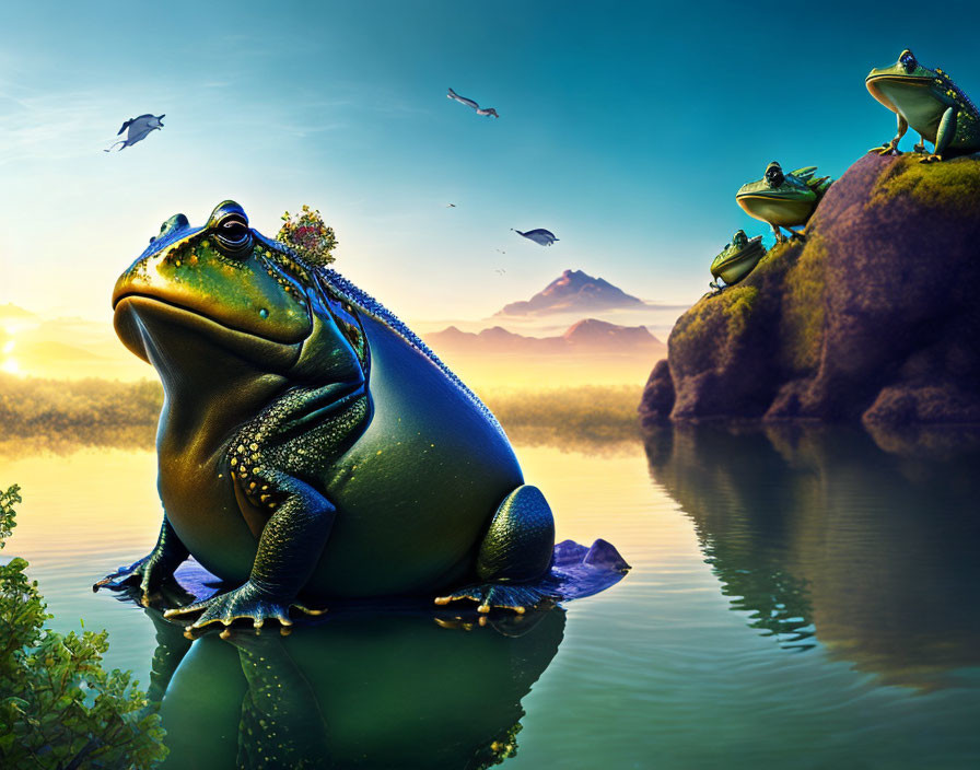 Colorful Giant Frogs by Serene Lakeside at Dawn