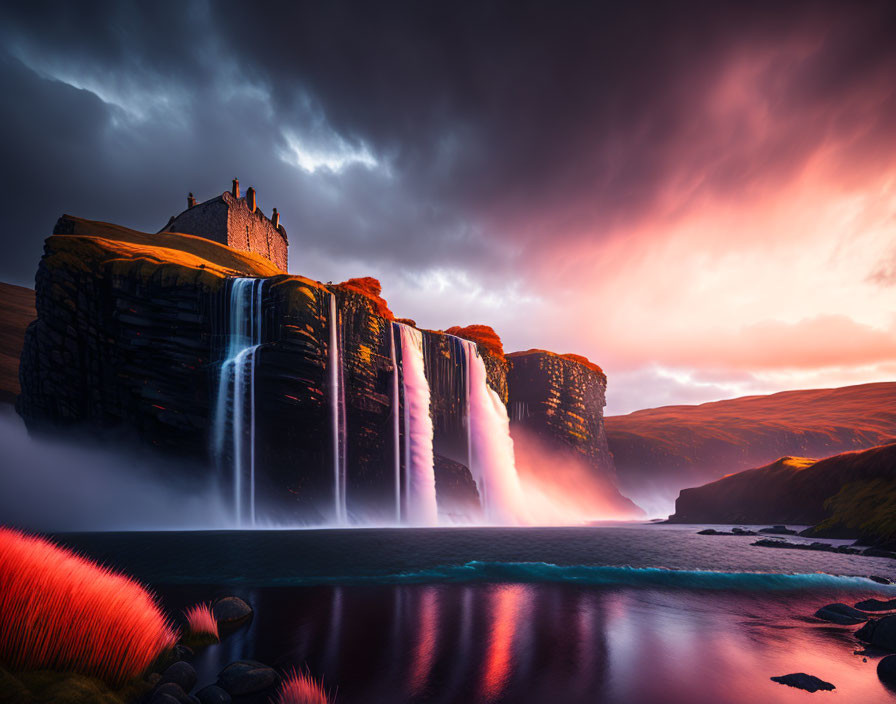 Majestic castle on cliffs with cascading waterfalls at sunset