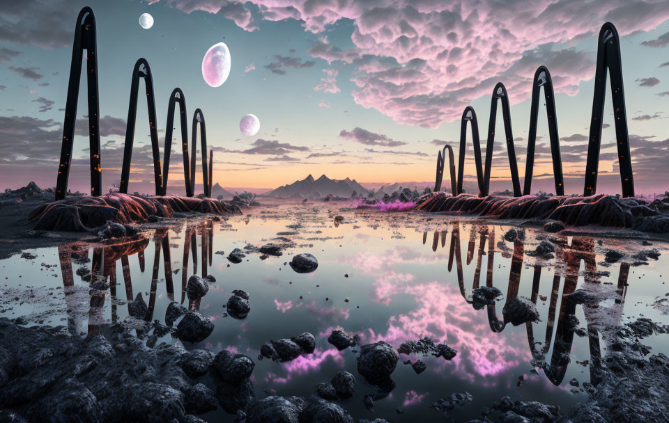 Surreal landscape with tall arch structures, multiple moons, pink clouds, and reflections on tranquil water