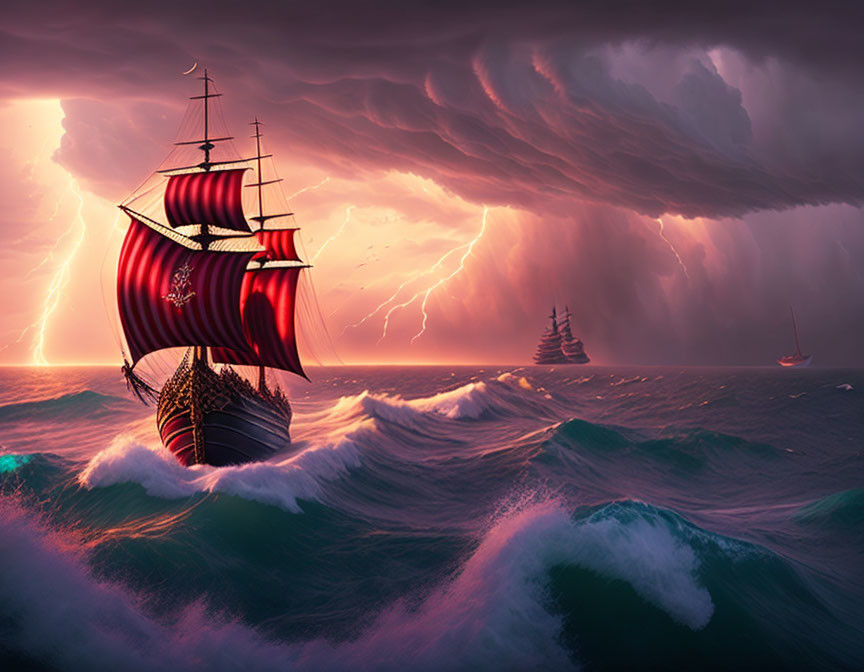 Majestic ship with red sails navigating stormy seas under lightning-lit sky.