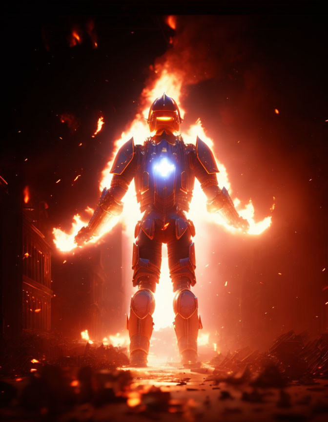 Armored futuristic figure in flames with blue glow and powerful presence