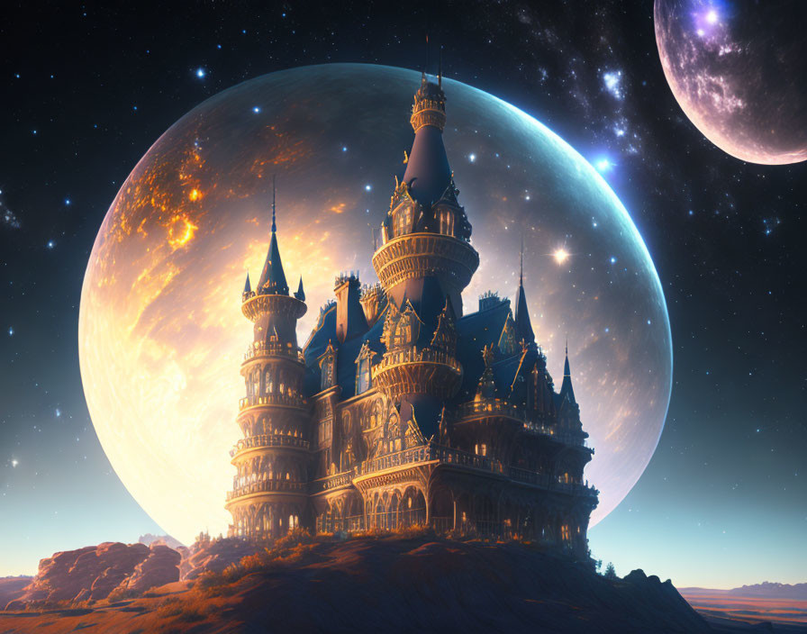 Fantastical castle with spires on rocky terrain under starry sky