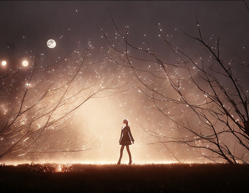 Silhouette of person in mystical night scene with bare trees, fireflies, glowing particles, and moon