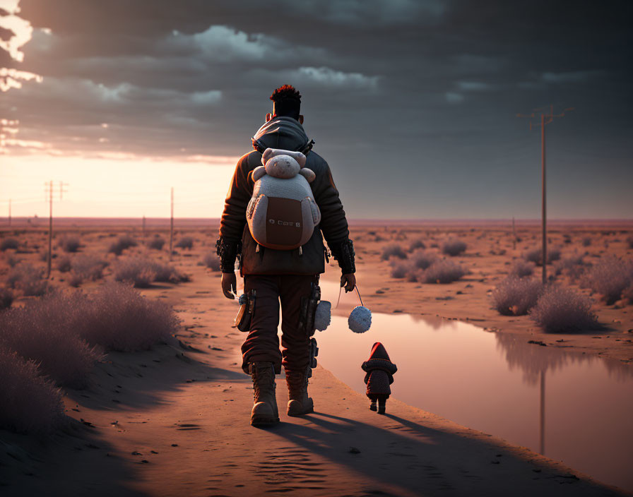 Person with backpack and child's stuffed toy walking hand in hand with child in sandy landscape at sunset