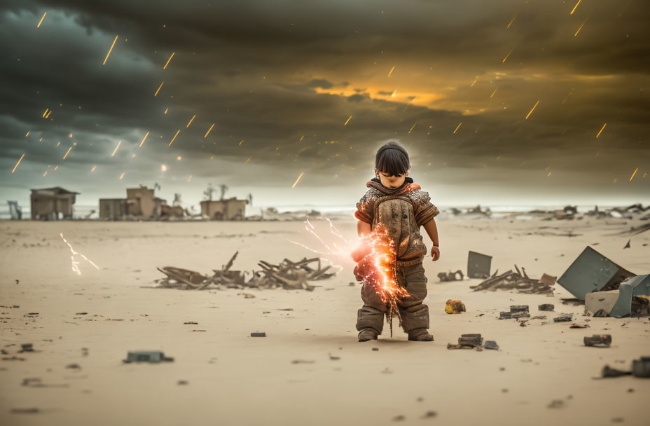 Child in futuristic armor with glowing artifact on desolate beach