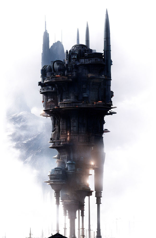 Futuristic spire with antennae in misty background