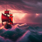 Majestic ship with red sails navigating stormy seas under lightning-lit sky.