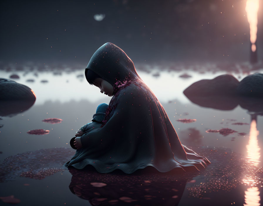 Cloaked Figure Holding Child Under Starry Sky on Rock by Water