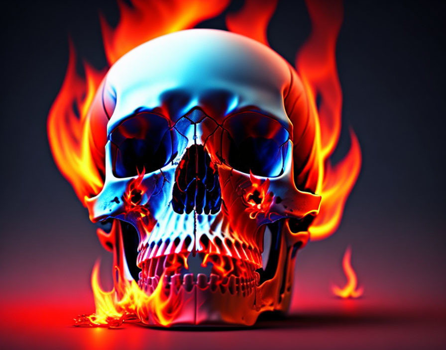 Vibrant orange and blue flames engulfing a human skull on dark background