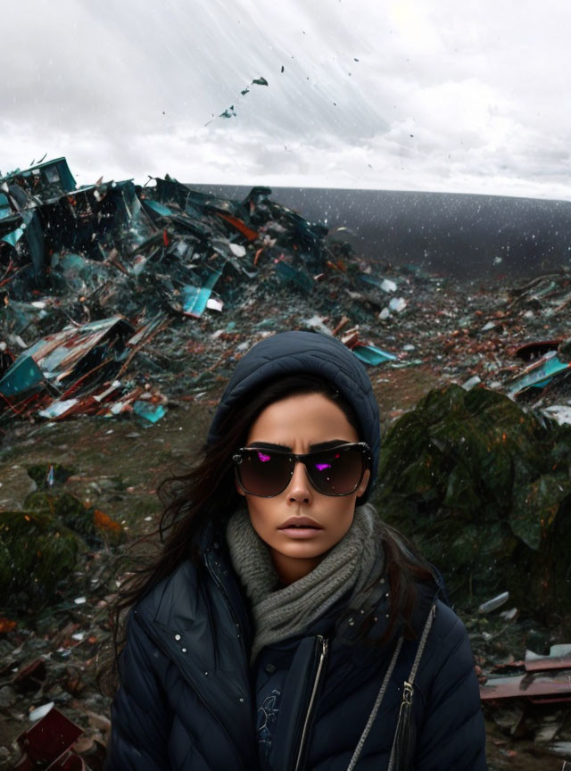 Woman in sunglasses and headscarf amidst debris and wreckage under stormy sky