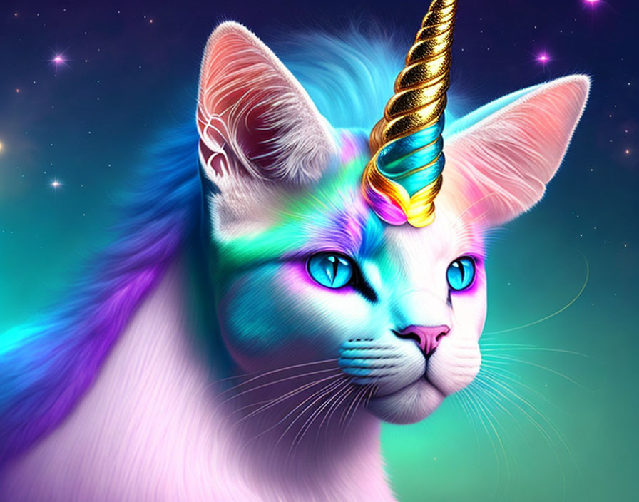 Colorful Cat with Unicorn Horn in Blue and Purple Against Starry Background