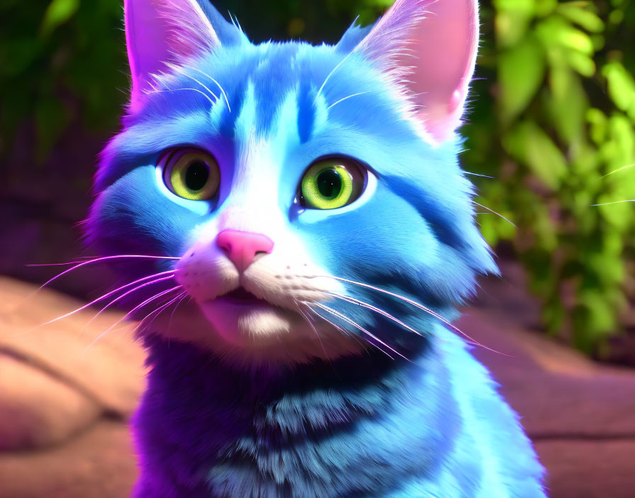 Colorful Blue Cat with Green Eyes in Soft-focus Natural Setting