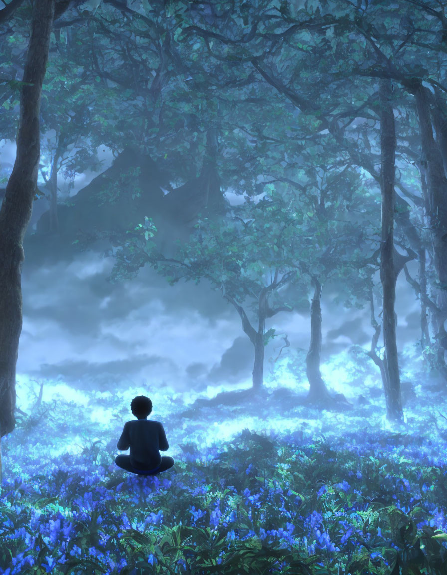 Person meditating in mystical foggy forest with blue flowers