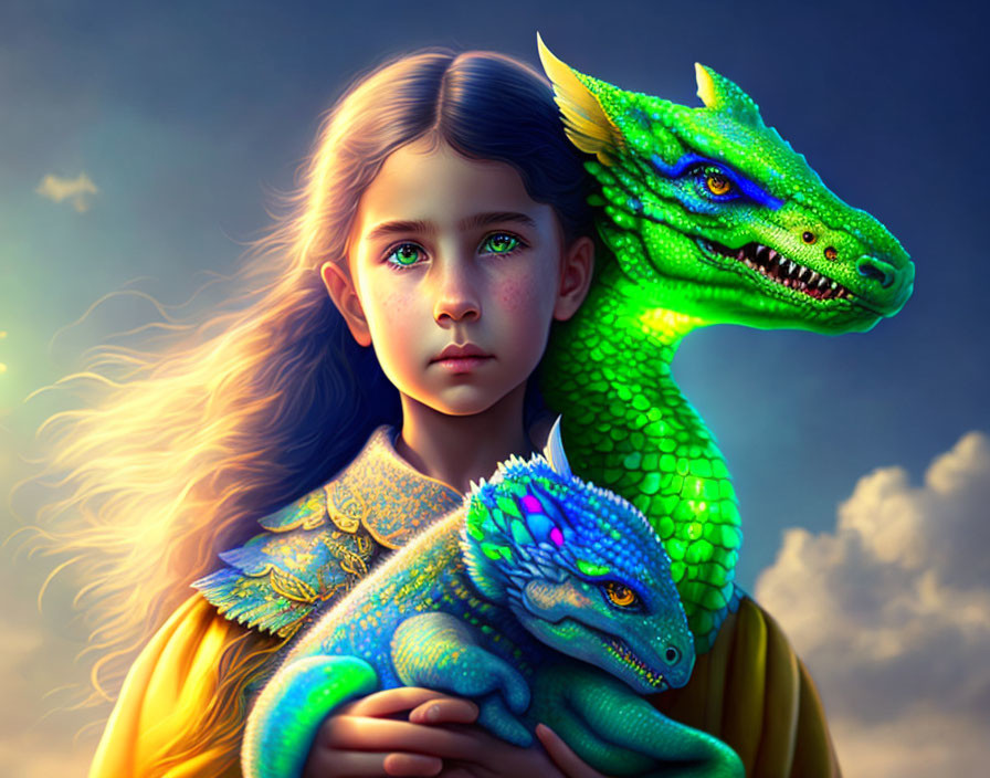 Young girl with green-eyed baby dragon and protective larger dragon.