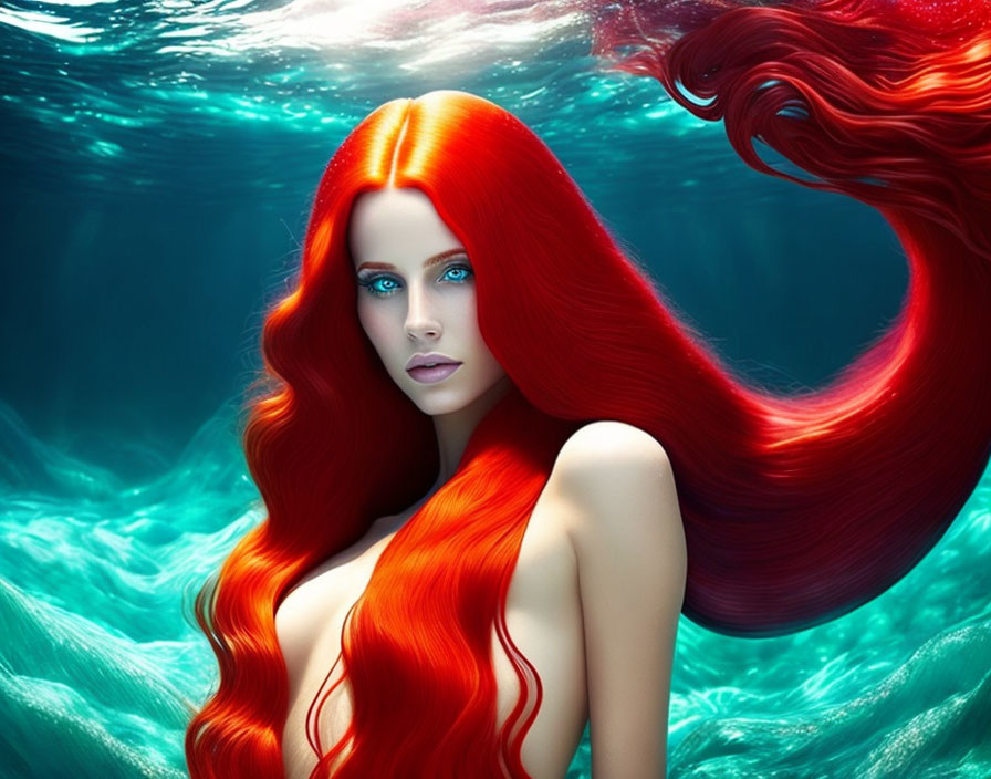 Woman with Red Hair and Blue Eyes Submerged in Water