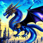 Blue dragon with outstretched wings before fantasy city skyline.