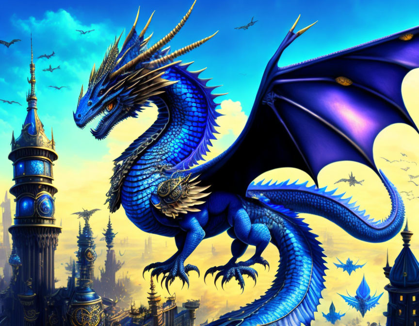 Blue dragon with outstretched wings before fantasy city skyline.