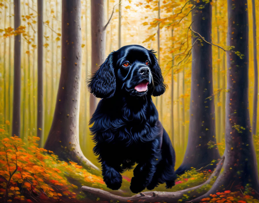 Black Dog Sitting in Autumn Forest with Golden Leaves