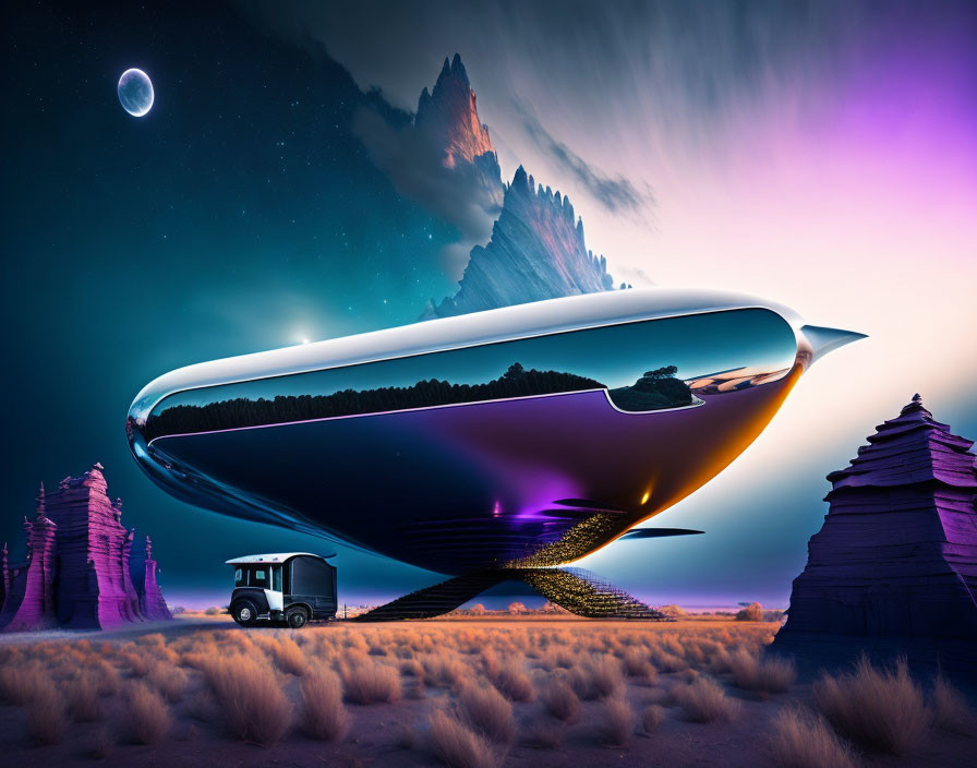 Sleek futuristic airship in desert with purple skies and crescent moon