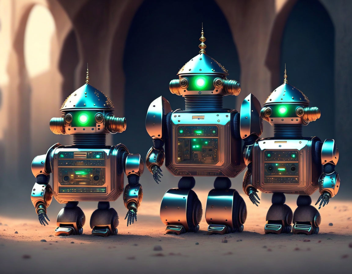 Three dome-headed retro-futuristic robots in illuminated corridor