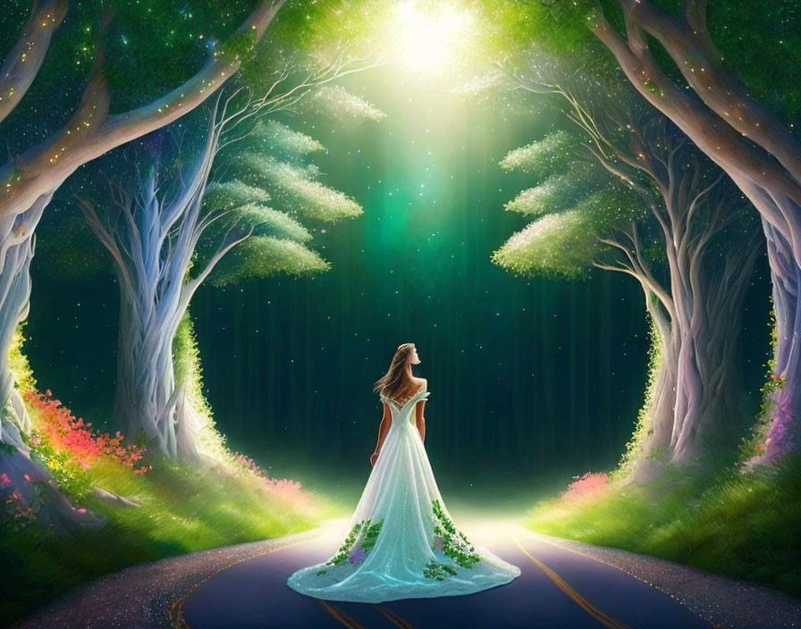 Woman in elegant dress on forest path under radiant light and vibrant flora