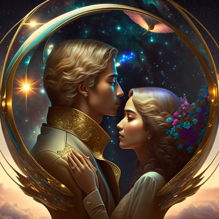 Profile of man and woman touching foreheads in digital art with golden circular frame and cosmic background