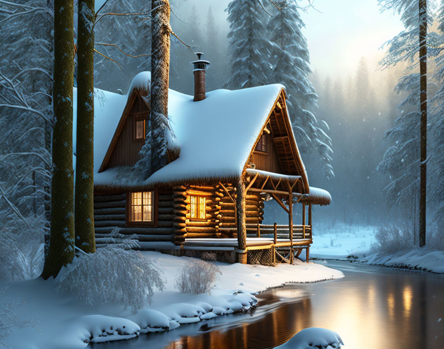 Snow-covered log cabin beside frozen river in serene snowy forest