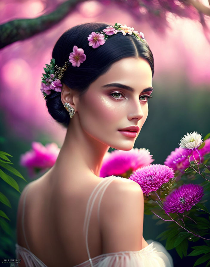 Woman with floral hair accessory and subtle makeup against pink and white blossoms.