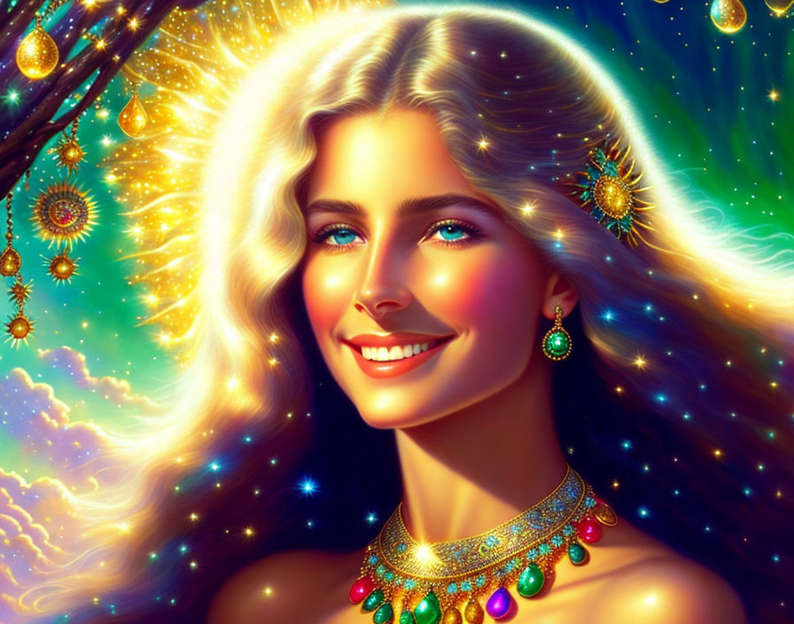 Smiling woman with blue eyes and white hair in cosmic setting