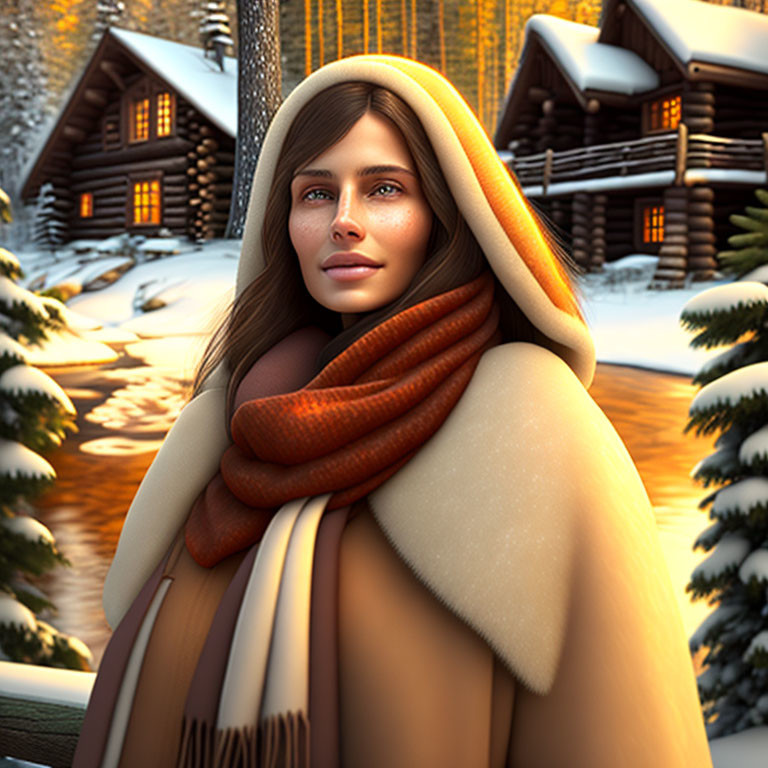 Digital artwork: Woman in scarf, serene expression, snowy backdrop, cabins, evergreen trees