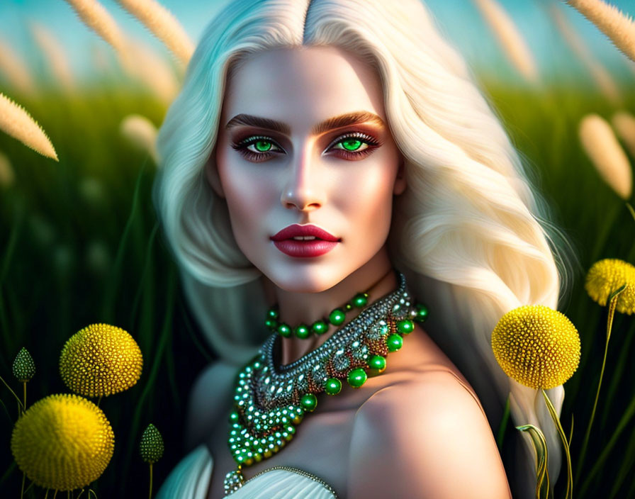 Illustration of platinum blonde female figure with emerald eyes and pearl necklaces in floral setting