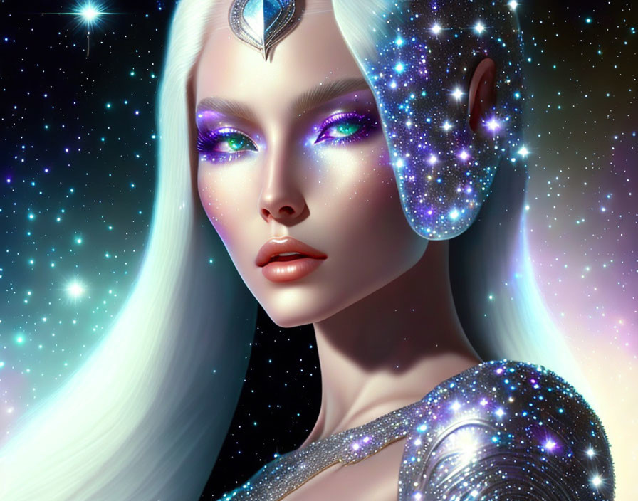 Digital artwork of female figure with celestial themes: starry skin, purple eyes, ethereal glow,