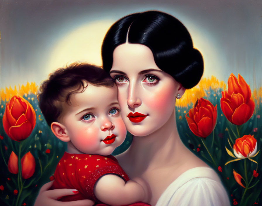 Portrait of mother and baby in red tulip field.